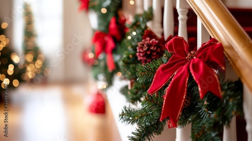 Red Bow and Pine Garland on White Stair Railing