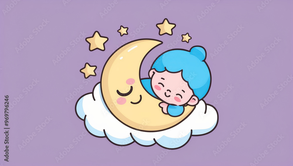 Fototapeta premium Little cartoon baby sleeping on a cloud, flat design illustration