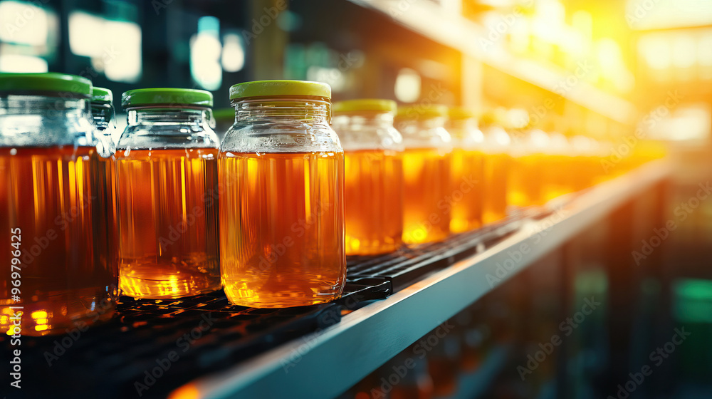 Bright amber liquid in glass jars arranged on a shelf, illuminated by warm sunlight, showcasing a modern storage facility. Bright amber liquid in glass jars arranged on a shelf, illuminated by warm sunlight, showcasing a modern storage facility.