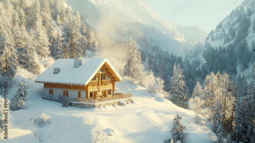 A Snowy Log Cabin Nestled in a Frosty Mountain Forest A Snowy Log Cabin Nestled in a Frosty Mountain Forest