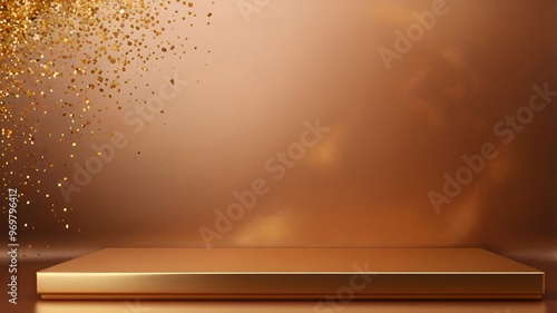 Luxury gold podium for product presentation with golden glitter on copper background, rectangle pedestal stage