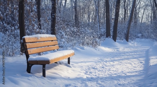 A Wooden Bench Covered in Snow in a Snowy Forest