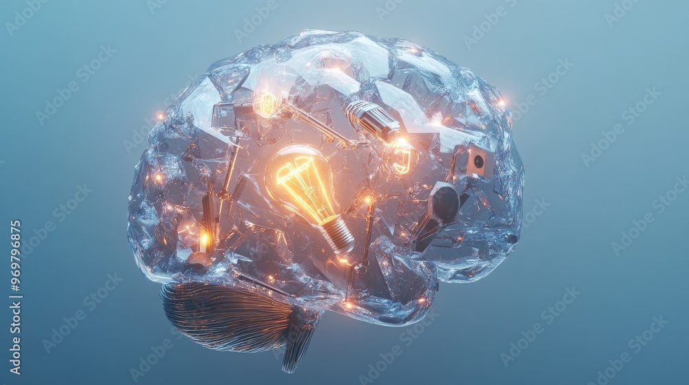 Crystal Brain with Lightbulb and Keys. Crystal Brain with Lightbulb and Keys.