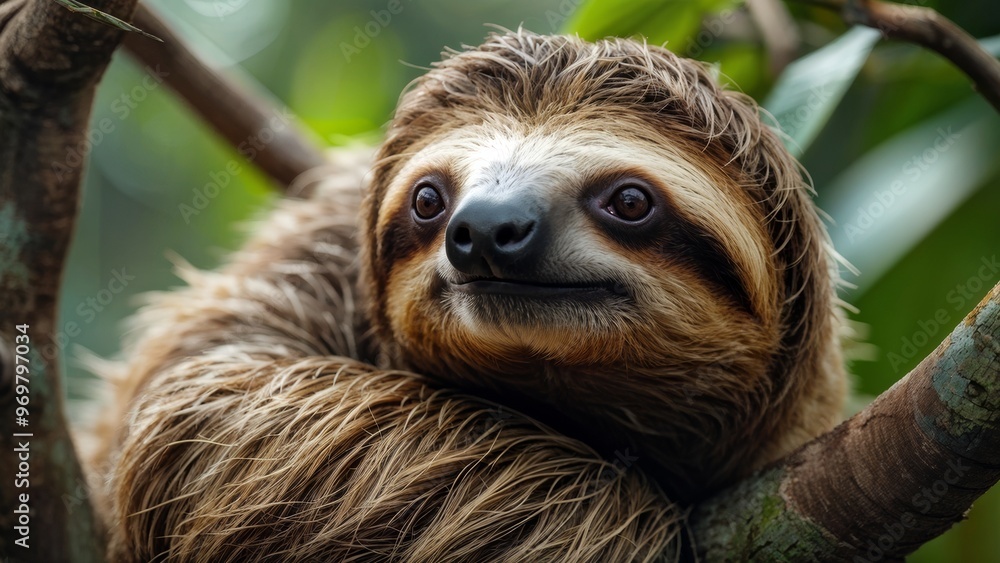 A sloth is sitting on a branch in a tree. A sloth is sitting on a branch in a tree.
