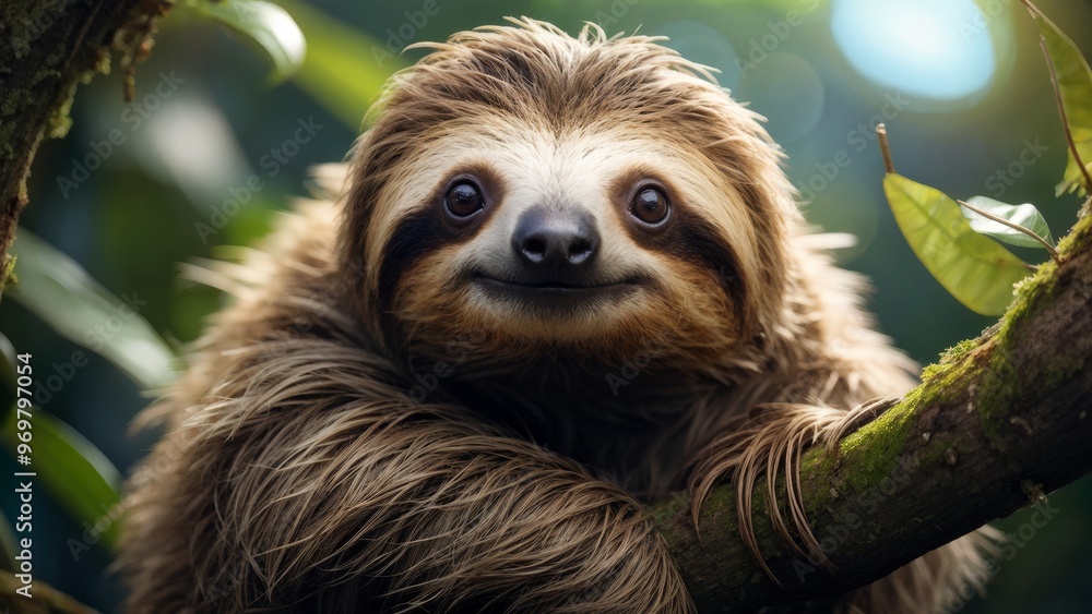 Fototapeta premium A sloth is sitting on a branch in a tree.