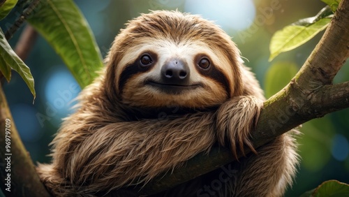 A sloth is sitting on a branch in a tree.