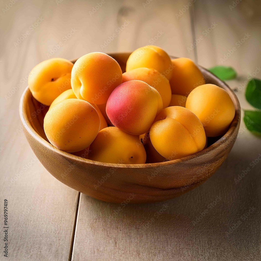 bowl of fresh ripe apricots with leaves on a wooden table bowl of fresh ripe apricots with leaves on a wooden table