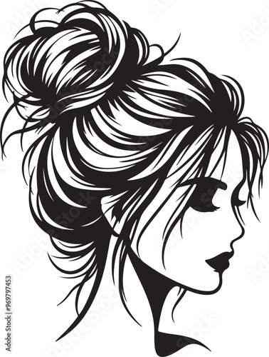 woman face with messy bun hair silhouette design vector art illustration