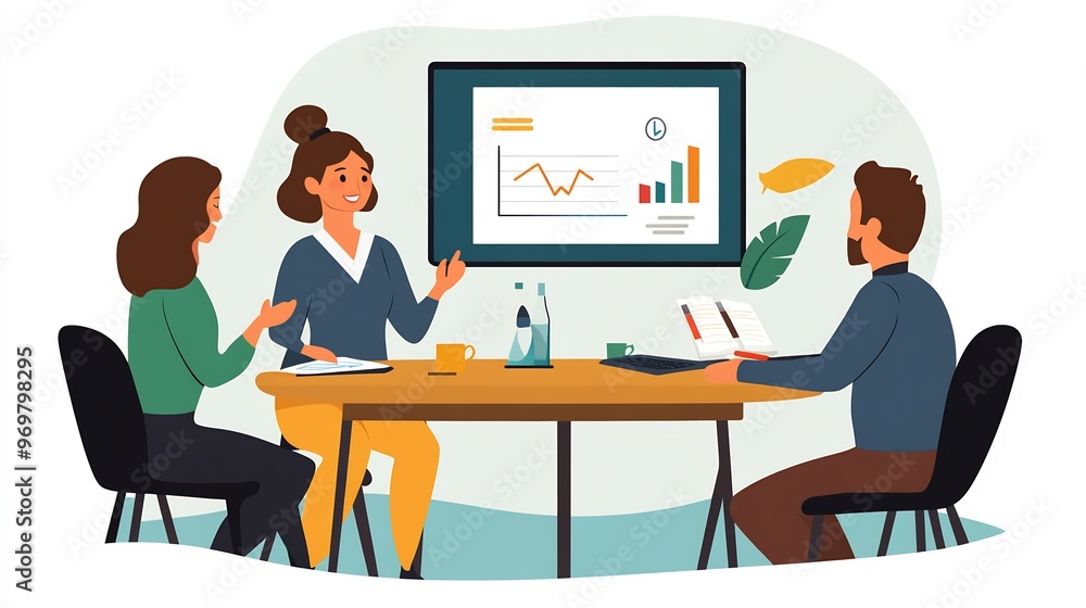 A woman presenting a business plan to two colleagues in a meeting. A woman presenting a business plan to two colleagues in a meeting.