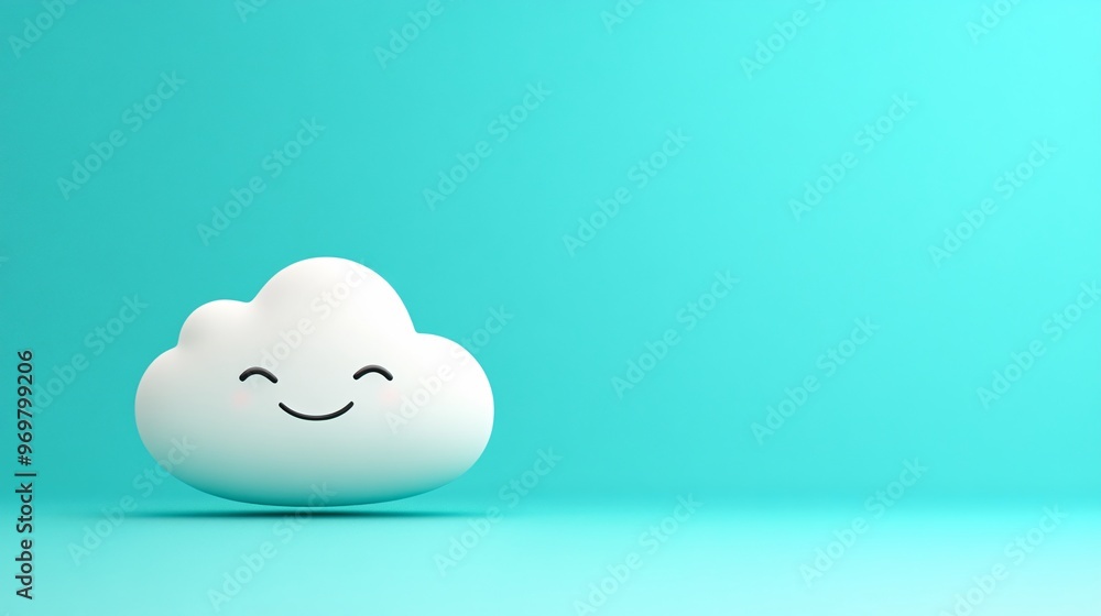 A simple smiling cloud in white, floating on a bright turquoise background with clean lines and soft, joyful energy A simple smiling cloud in white, floating on a bright turquoise background with clean lines and soft, joyful energy