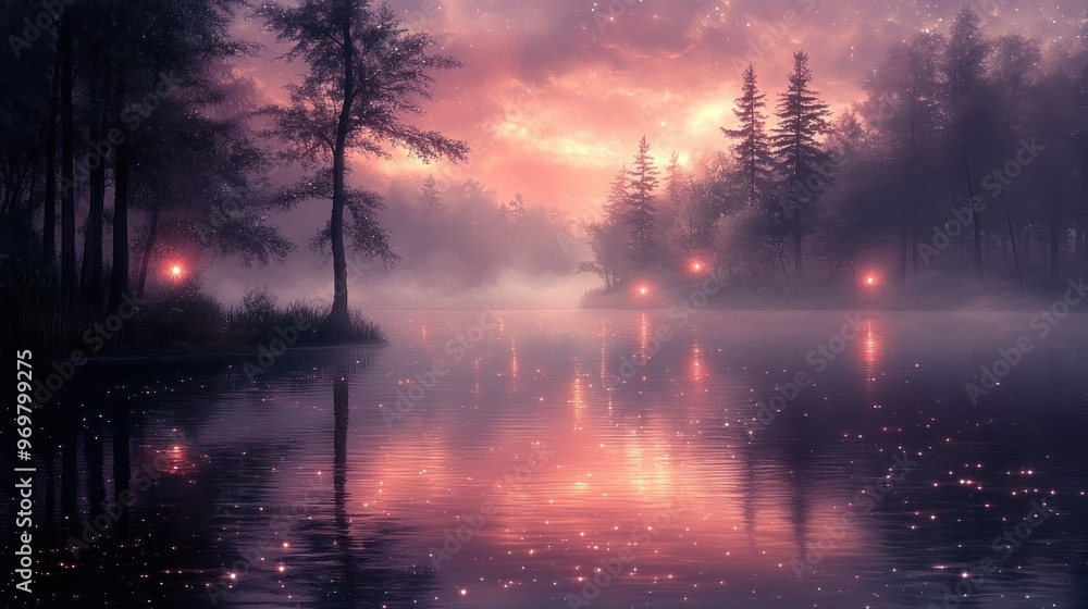 A Mystical Forest Lake at Twilight with Glowing Lights A Mystical Forest Lake at Twilight with Glowing Lights