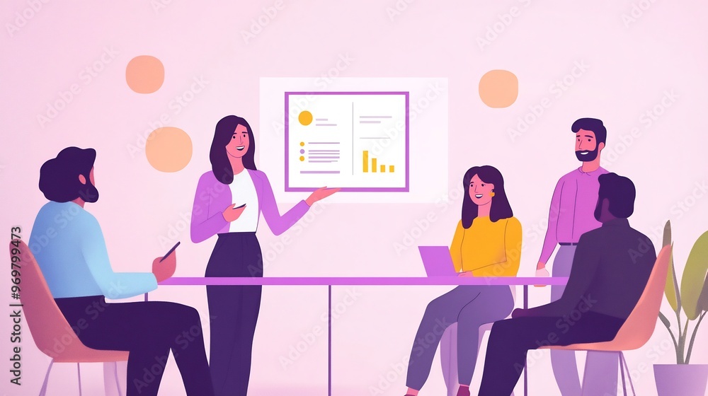A woman presenting data to a diverse team during a meeting. A woman presenting data to a diverse team during a meeting.