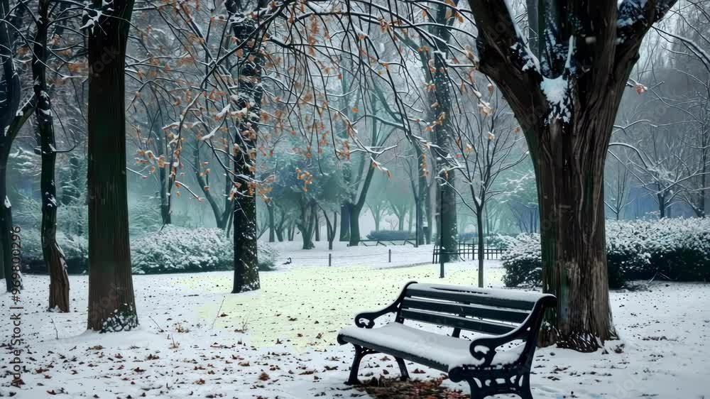 A serene winter park scene with a snow covered bench surrounded by bare trees and soft snow, evoking tranquility and peace A serene winter park scene with a snow covered bench surrounded by bare trees and soft snow, evoking tranquility and peace
