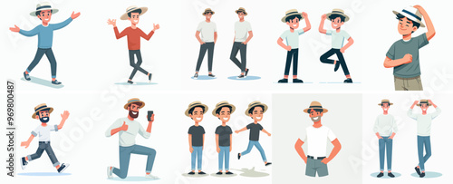 happy young man vector set wearing hat