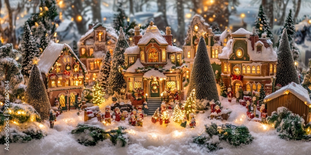 Festive miniature Christmas village scene with a snow-covered house, tiny trees, and glowing lights. A cozy and magical holiday setting, surrounded by bokeh lights Festive miniature Christmas village scene with a snow-covered house, tiny trees, and glowing lights. A cozy and magical holiday setting, surrounded by bokeh lights