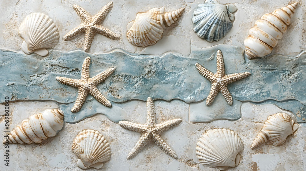 29. Coastal-themed tile design with seashell and starfish patterns in sandy beige and ocean blue 29. Coastal-themed tile design with seashell and starfish patterns in sandy beige and ocean blue