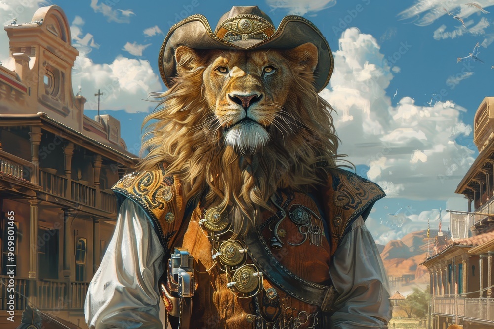 A majestic lion in cowboy attire stands confidently in a wild west setting, showcasing a unique blend of nature and western culture. A majestic lion in cowboy attire stands confidently in a wild west setting, showcasing a unique blend of nature and western culture.