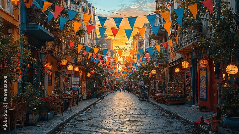 Fototapeta premium Cobblestone path between buildings, adorned with vibrant flags