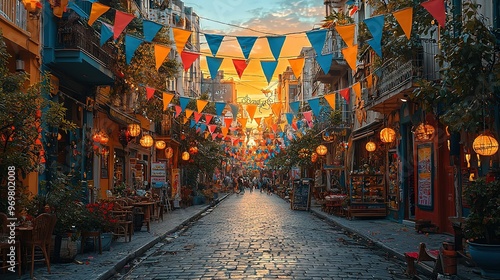  Cobblestone path between buildings, adorned with vibrant flags