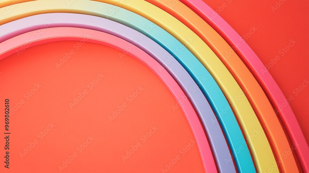 Obraz premium Minimalist rainbow in pastel colors, arching across a bold red background, evoking joy and simplicity with soft gradients