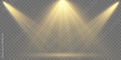 Set of isolated spotlight light effects. White glowing spotlight on a transparent background.