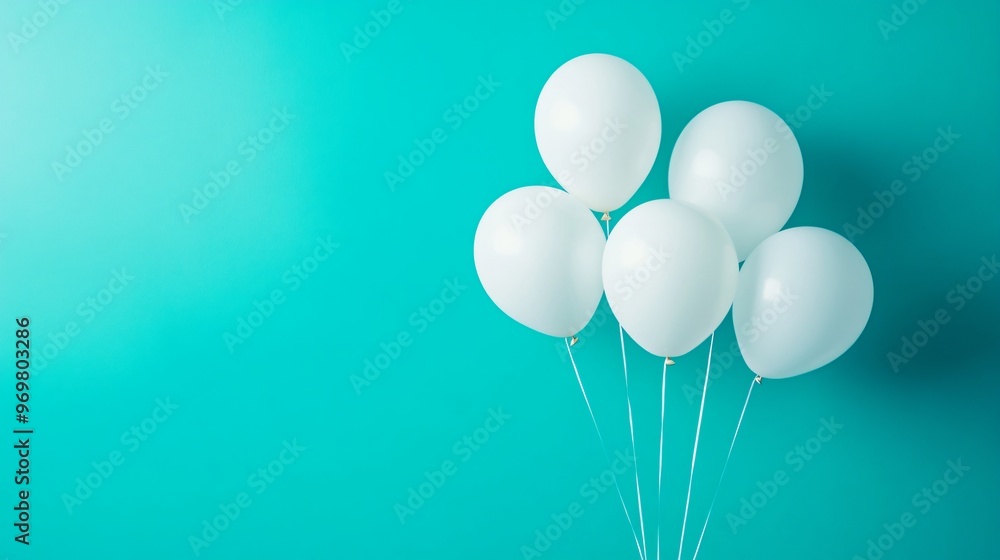 Simple white balloons floating against a bright turquoise background, symbolizing cheerfulness and minimalism with soft, clean shadows Simple white balloons floating against a bright turquoise background, symbolizing cheerfulness and minimalism with soft, clean shadows
