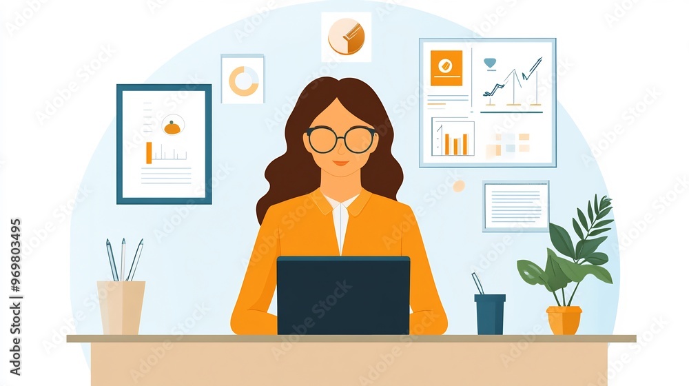 A woman wearing glasses sits at a desk with a laptop in front of her, surrounded by charts and graphs on the wall. A woman wearing glasses sits at a desk with a laptop in front of her, surrounded by charts and graphs on the wall.