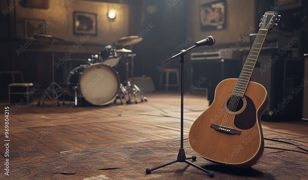 Fototapeta premium Acoustic Guitar and Microphone on Stage.
