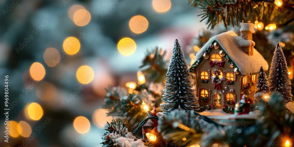 Festive miniature Christmas village scene with a snow-covered house, tiny trees, and glowing lights. A cozy and magical holiday setting, surrounded by bokeh lights Festive miniature Christmas village scene with a snow-covered house, tiny trees, and glowing lights. A cozy and magical holiday setting, surrounded by bokeh lights