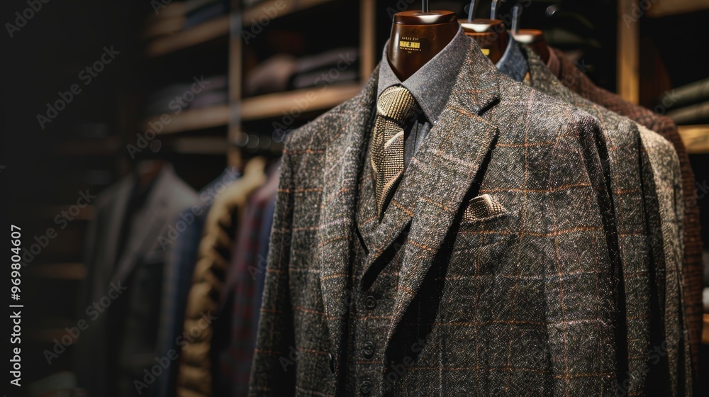 Fototapeta premium Elegant display of brown and gray plaid suits with shirts and ties in a tailor shop