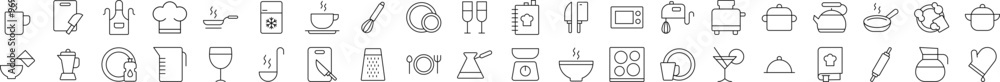 Simple Linear Illustration of Kitchen and Cooking. Contains Icons of Cutting Board, Frying Pan, Cutlery, Cookbook that Can Be Used for Design of Cards, Posts, Apps, Web Sites Simple Linear Illustration of Kitchen and Cooking. Contains Icons of Cutting Board, Frying Pan, Cutlery, Cookbook that Can Be Used for Design of Cards, Posts, Apps, Web Sites