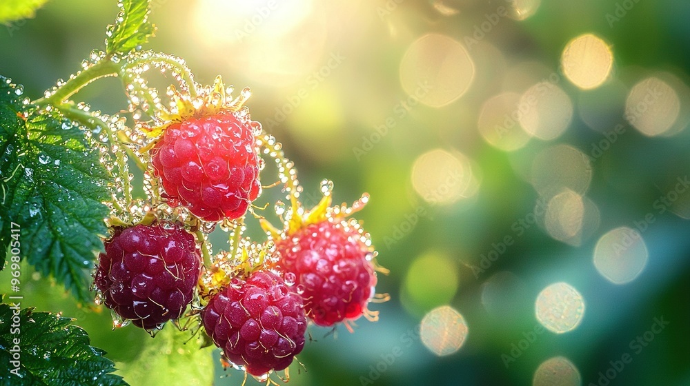 A cluster of raspberries atop a verdant plant with dewed leaves A cluster of raspberries atop a verdant plant with dewed leaves