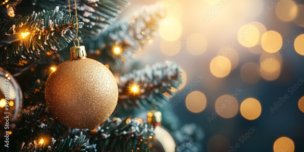 Close-up of a sparkling golden ornament hanging on a snow-dusted Christmas tree, illuminated by soft festive lights in the background. Warm and cozy holiday ambiance Close-up of a sparkling golden ornament hanging on a snow-dusted Christmas tree, illuminated by soft festive lights in the background. Warm and cozy holiday ambiance