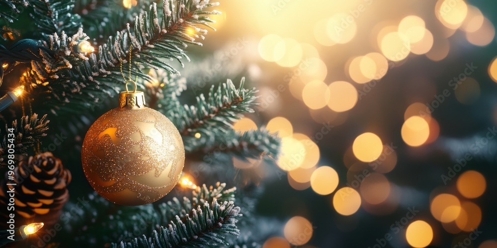 Close-up of a sparkling golden ornament hanging on a snow-dusted Christmas tree, illuminated by soft festive lights in the background. Warm and cozy holiday ambiance Close-up of a sparkling golden ornament hanging on a snow-dusted Christmas tree, illuminated by soft festive lights in the background. Warm and cozy holiday ambiance