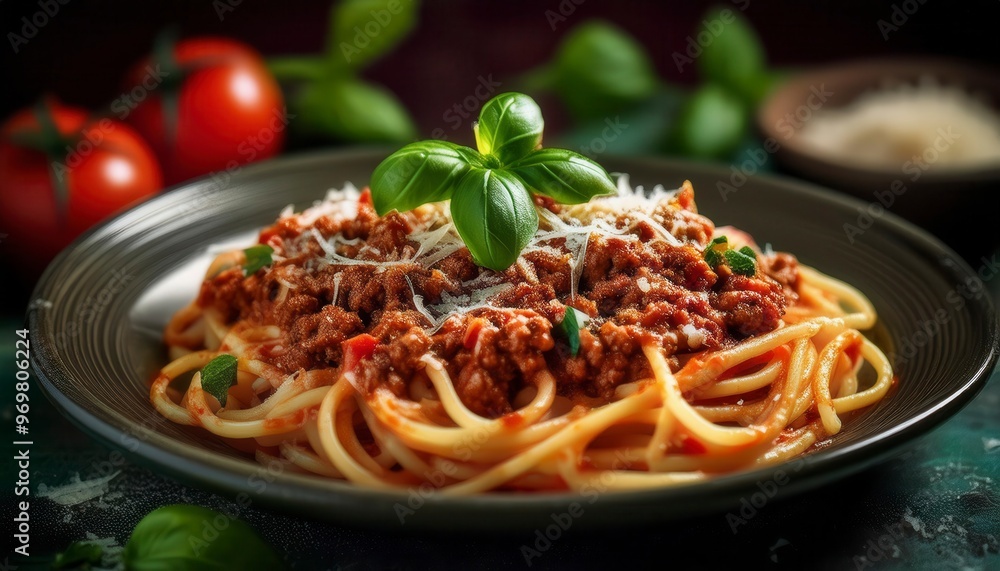 Spaghetti with bolognese sauce and Parmesan cheese. Generated image Spaghetti with bolognese sauce and Parmesan cheese. Generated image