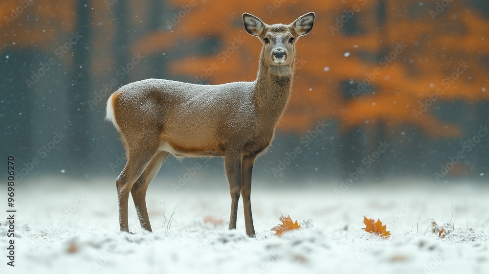Deer standing in snowy forest with autumn foliage in background, tranquil winter wildlife scene

