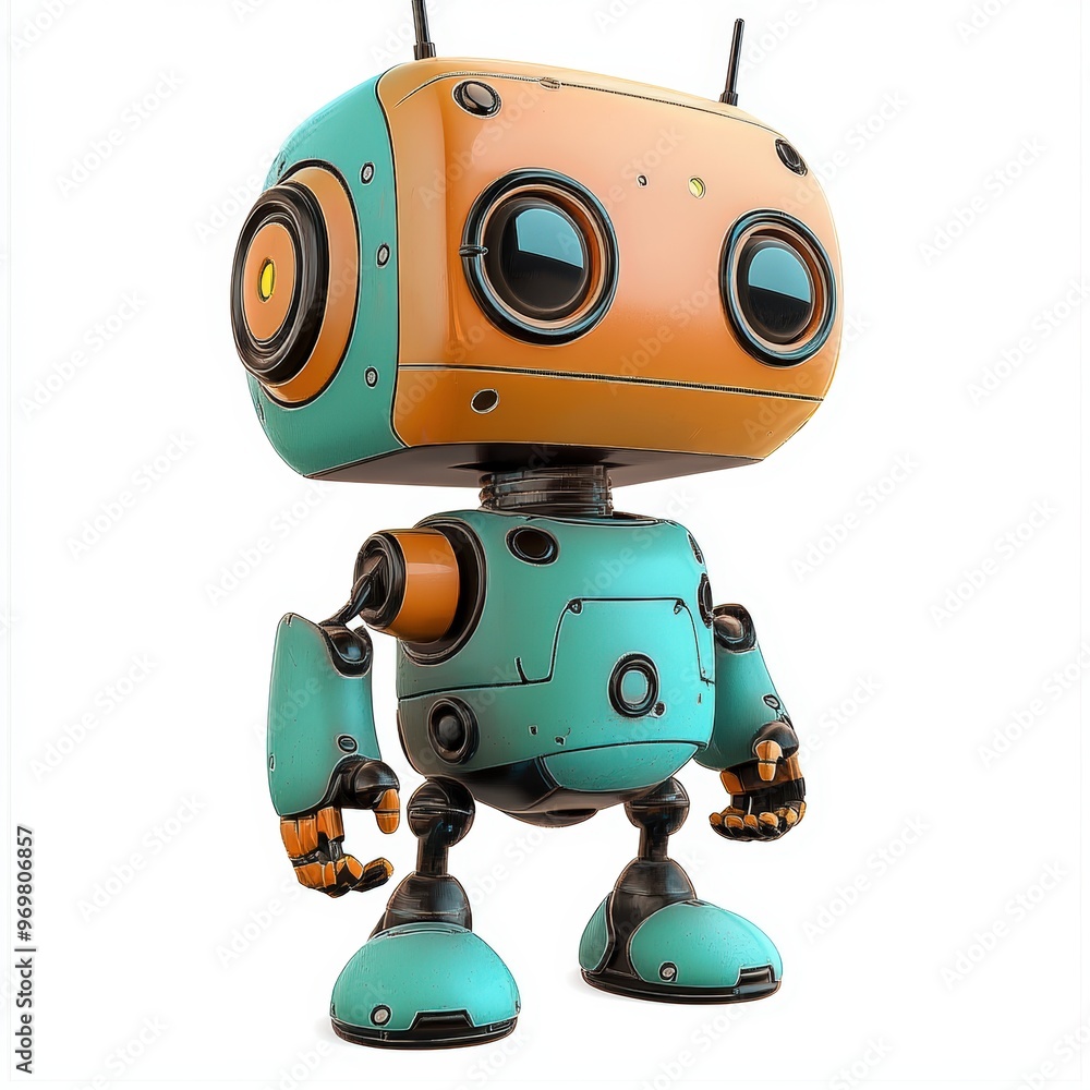 Colored cute and funny 3d robot modern style isolated on white background. Cartoon style character.
Colored cute and funny 3d robot modern style isolated on white background. Cartoon style character.