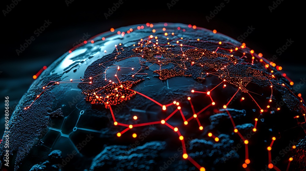 Fototapeta premium A global network connects red lines across a dark earth, linking the world together.