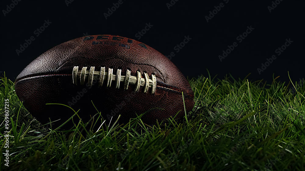 Obraz premium American football on green grass, on black background