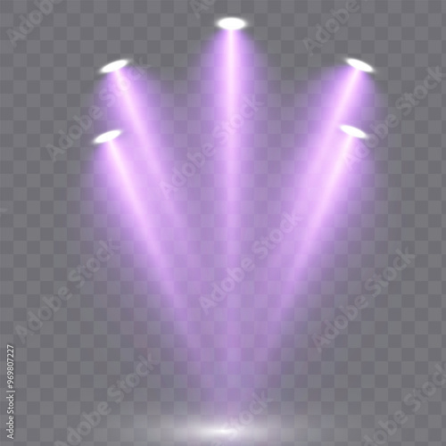 Stage lighting with LED strobe spotlights. Laser light show. Empty stage before the performance. Spotlights on a transparent background.