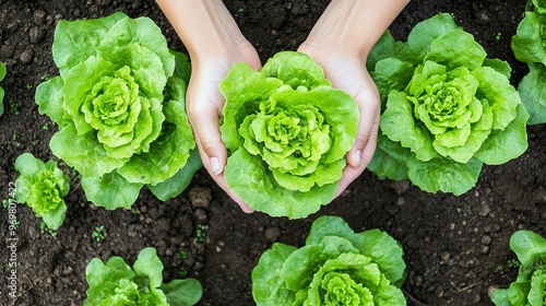 hands holding lettuce in a garden, top view, garden background. photo