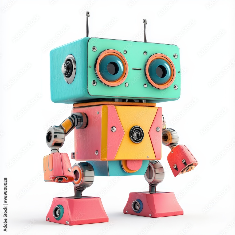 Colored cute and funny 3d robot modern style isolated on white background. Cartoon style character.
Colored cute and funny 3d robot modern style isolated on white background. Cartoon style character.