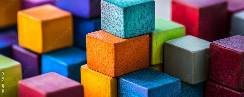 Colorful wooden blocks stacked in a random Colorful wooden blocks stacked in a random
