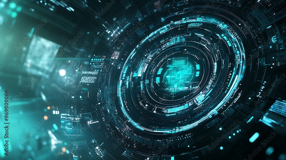 An abstract image of a futuristic technology interface with a glowing turquoise circle and a blue background. An abstract image of a futuristic technology interface with a glowing turquoise circle and a blue background.