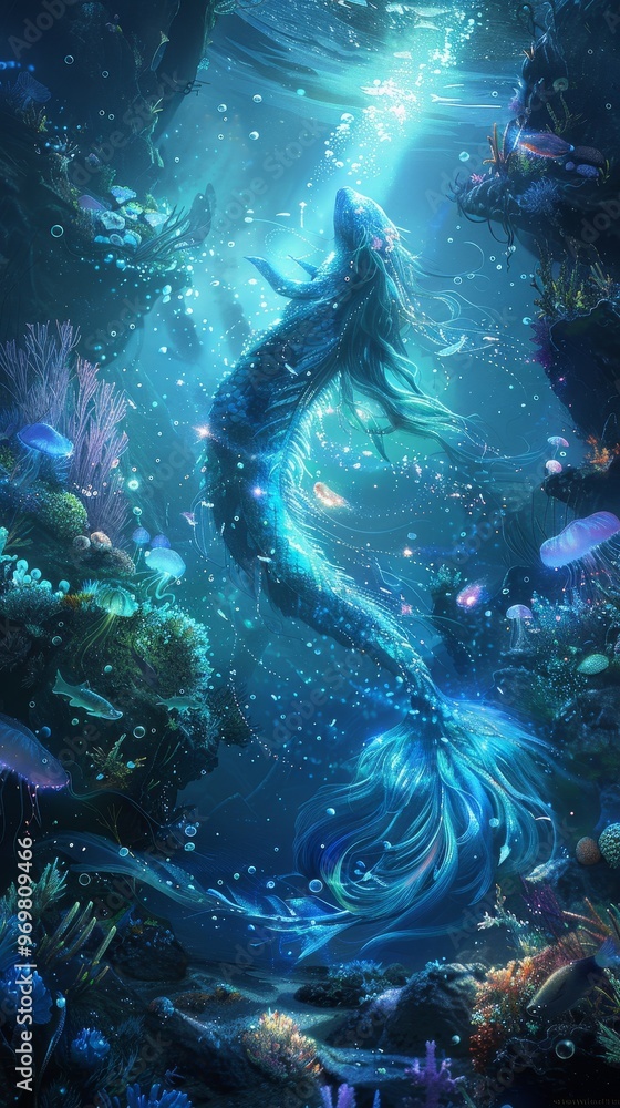 A mesmerizing underwater scene featuring a beautiful mermaid swimming gracefully among vibrant coral and colorful fish. A mesmerizing underwater scene featuring a beautiful mermaid swimming gracefully among vibrant coral and colorful fish.