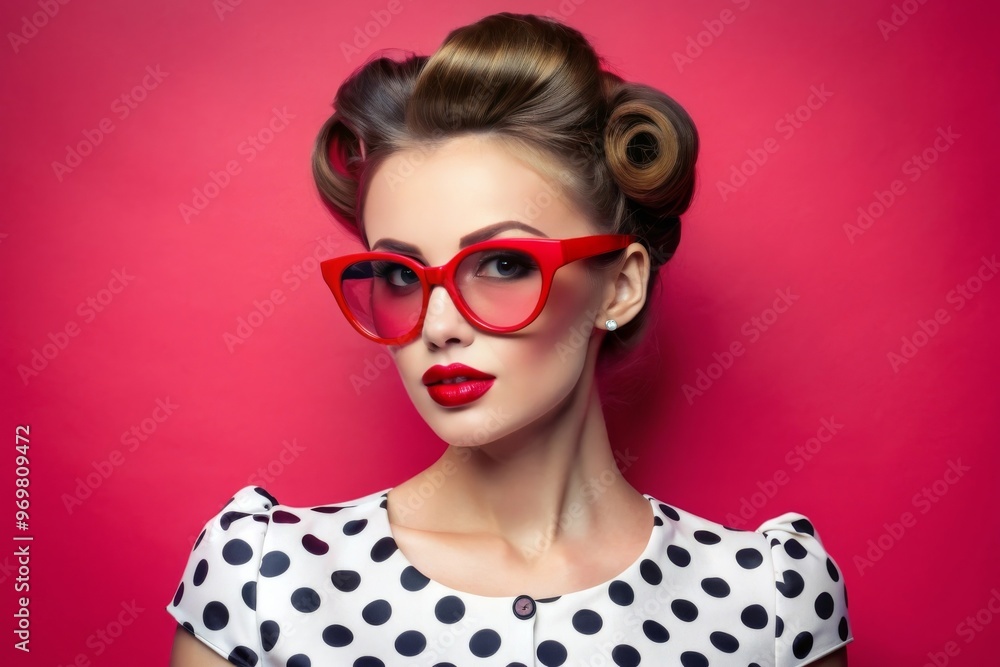 stylish woman adorned in a classic polka-dot dress and strikin stylish woman adorned in a classic polka-dot dress and strikin