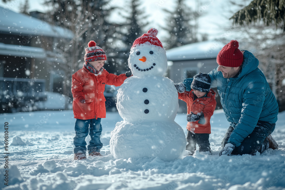 a family making a snowman in the street a family making a snowman in the street