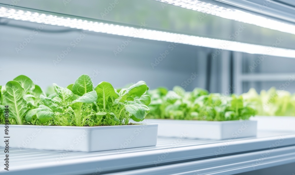 Fresh Greens Growing Indoors in a Hydroponic System Under Bright LED Lights Fresh Greens Growing Indoors in a Hydroponic System Under Bright LED Lights