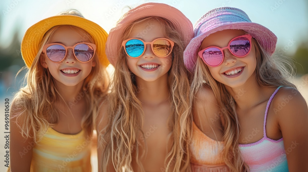 Kids dressed in colorful and trendy summer outfits posing cheerfully Kids dressed in colorful and trendy summer outfits posing cheerfully