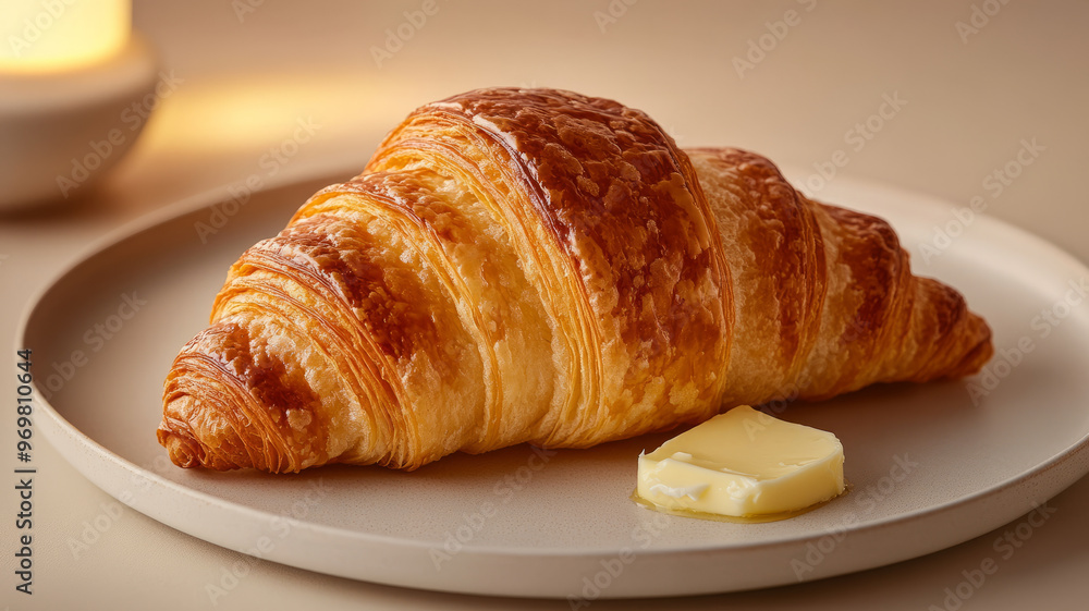 A croissant with butter on a plate. A croissant with butter on a plate.